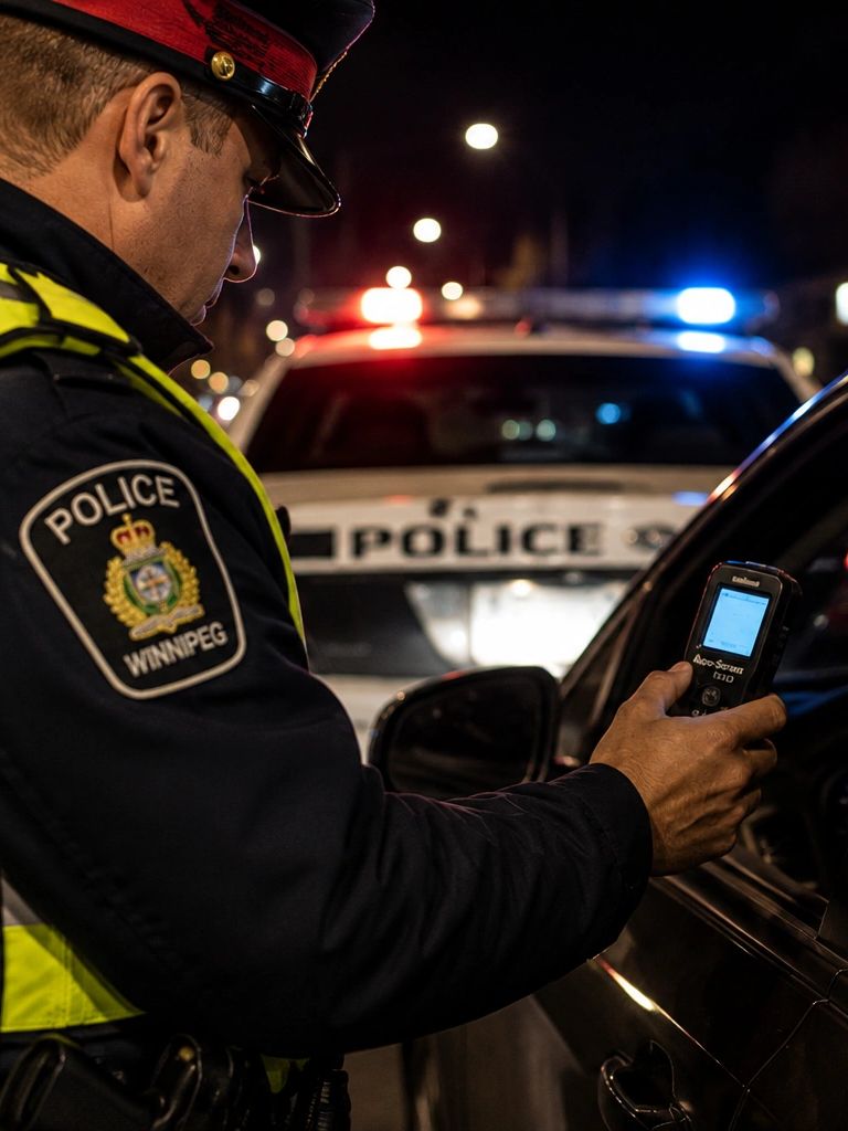Winnipeg police officer conducting a roadside breath screening during an impaired driving investigation