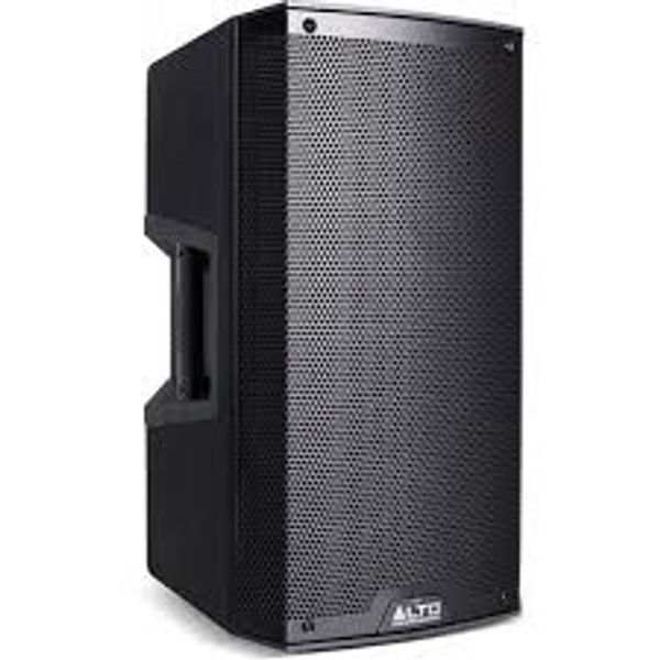 A black speaker is on the ground