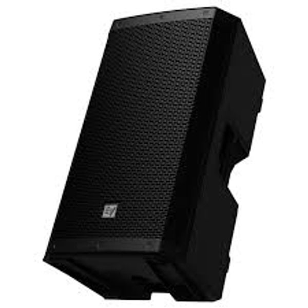 A black speaker sitting on top of a white table.