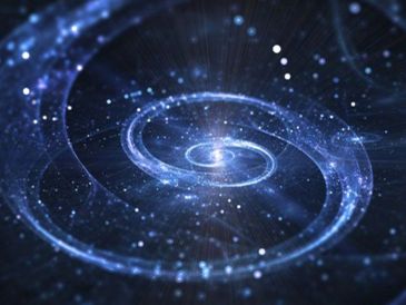 Glowing spiral galaxy with star clusters.