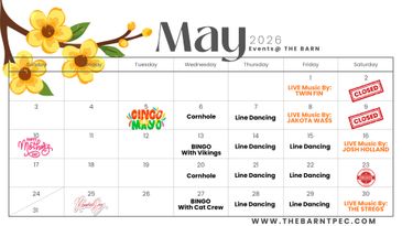 May 2026 event calendar with live music and dance activities at The Barn.