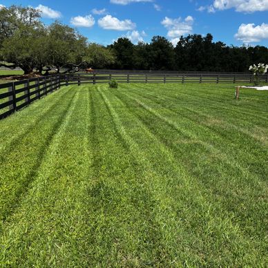 Well-manicured lawn with striped grass and wooden fence.