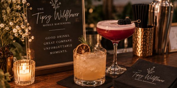 Handcrafted cocktails and bar setup by The Tipsy Wildflower mobile bartending service.