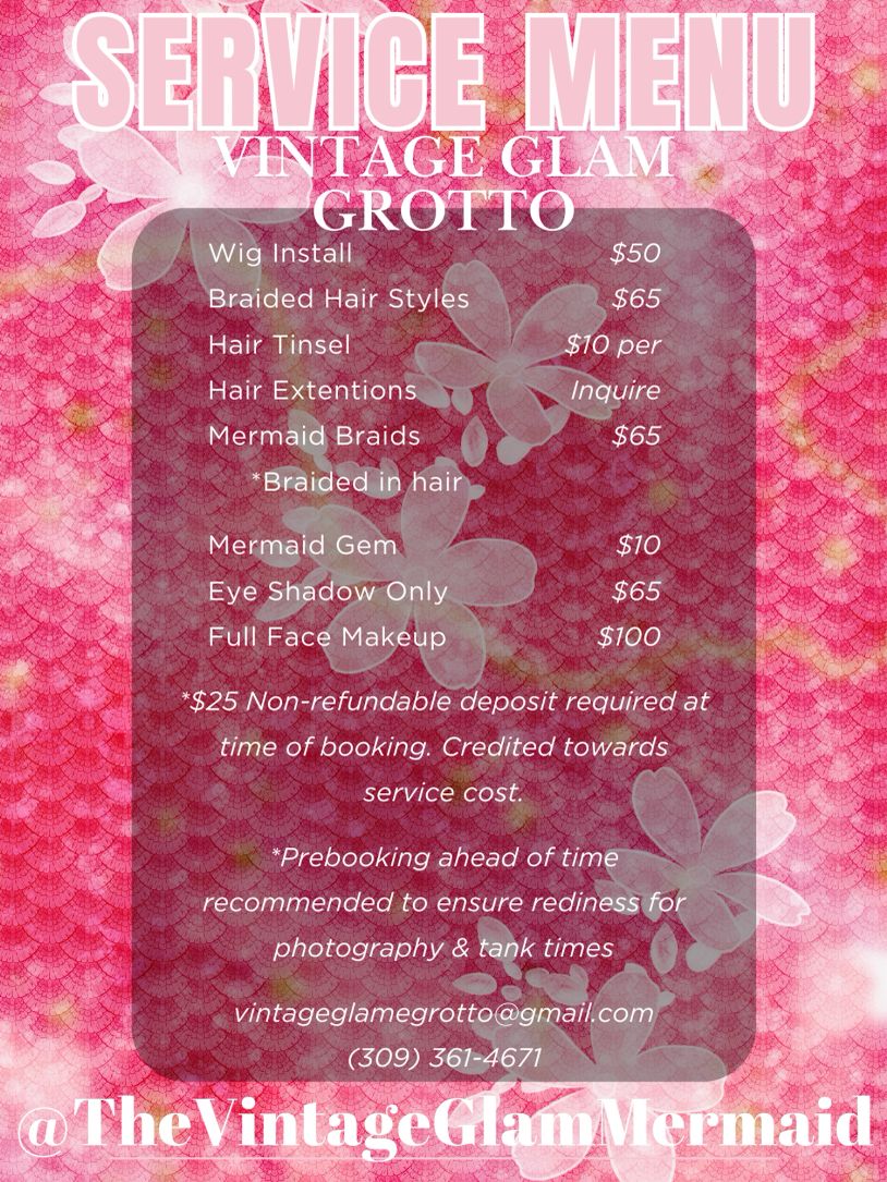 Vintage Glam Grotto service menu with mermaid-themed beauty options and prices.
