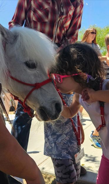 A young girl with pink glasses gently kisses a white pony's nose outdoors on a sunny day.