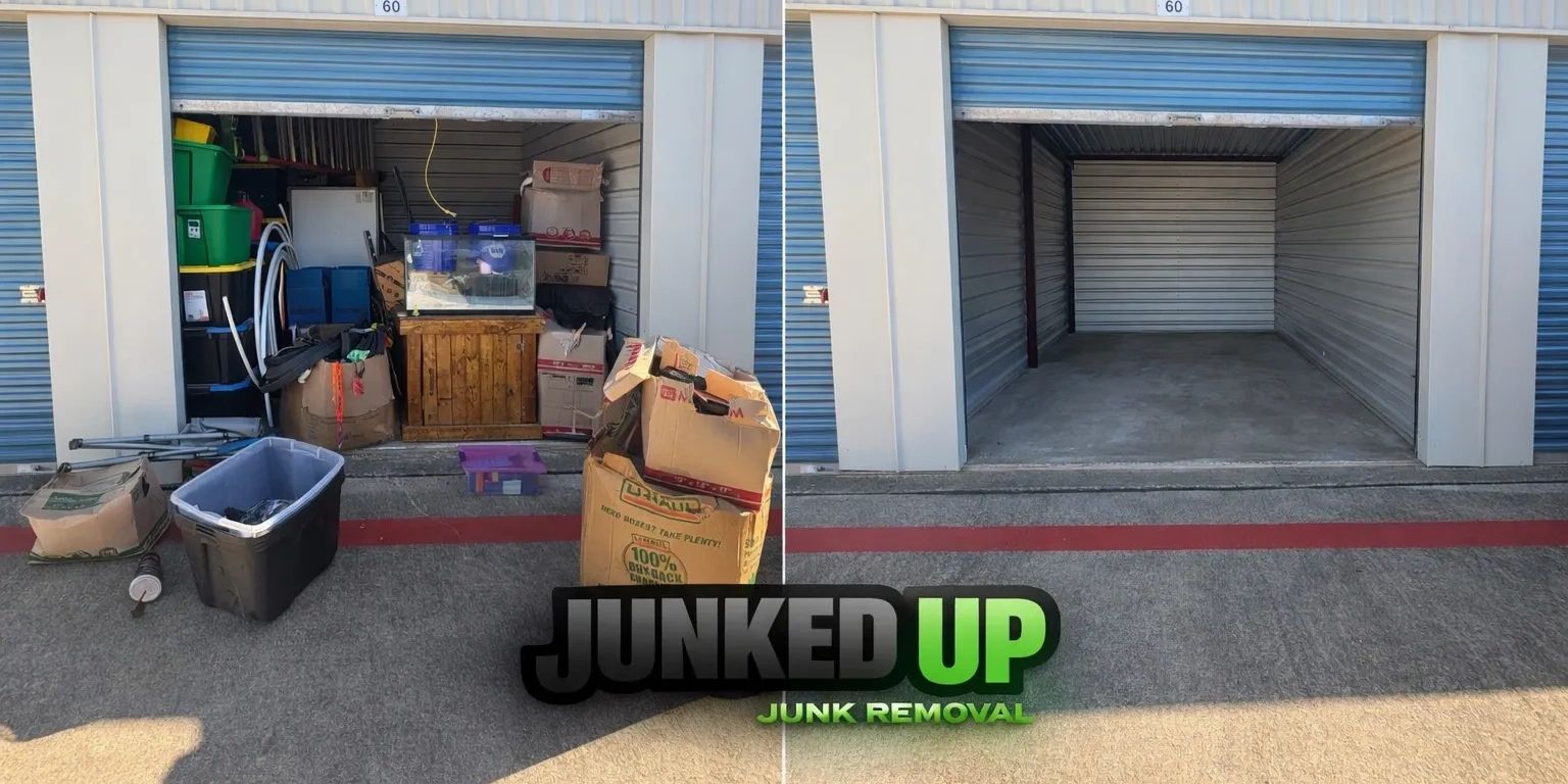 Before and after junk removal of a storage unit.