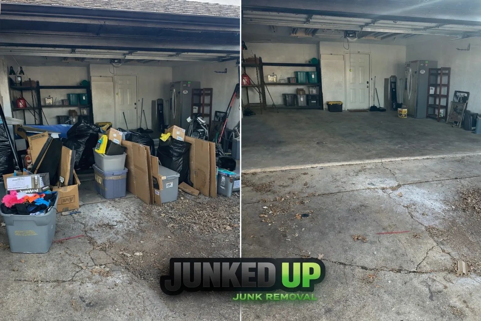 Side-by-side garage before and after junk removal showing a clean space.