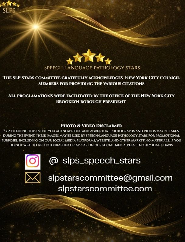Speech Language Pathology Stars event acknowledgment and contact information.
