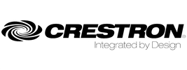 Crestron logo with a swirling design and the tagline Integrated by Design.