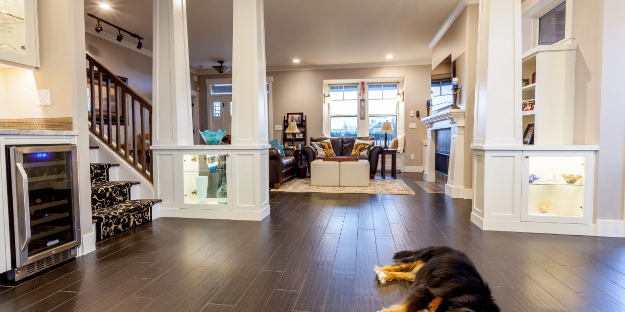 Cozy living room with dark wood floors and a dog lying down.