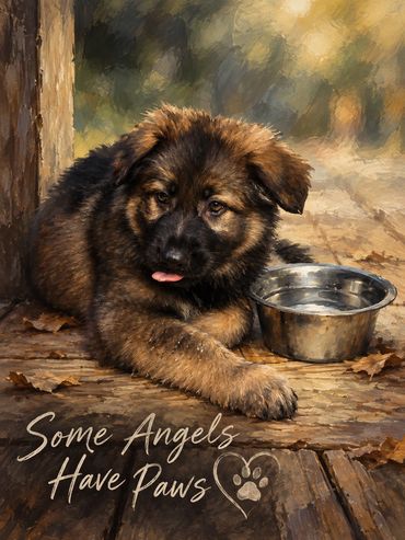 Memorial artwork honoring Cooper, a beloved German Shepherd puppy.