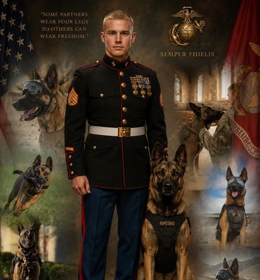 Memorial tribute honoring Robbie U.S. Marine, with his K9 partners.