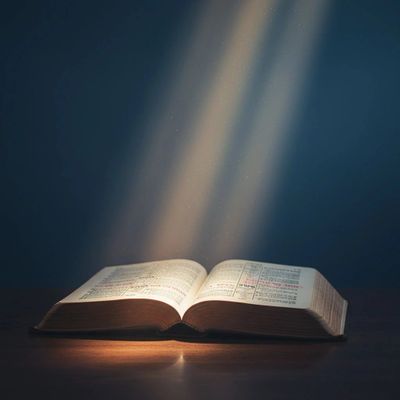 An open book illuminated by divine light beams in a dark setting.