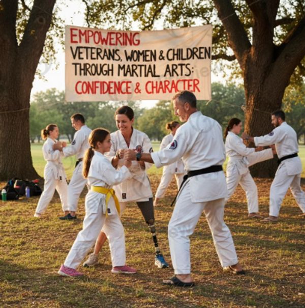 Martial arts class empowering veterans, women, and children outdoors.