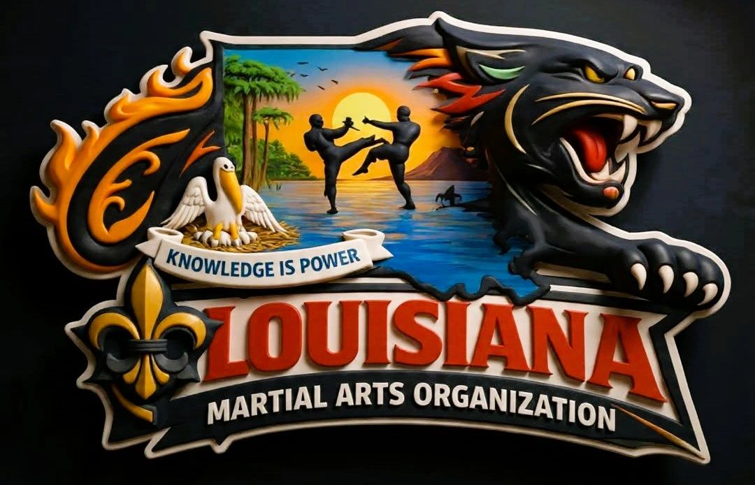 Louisiana Martial Arts Organization logo featuring a panther and martial artists at sunset.