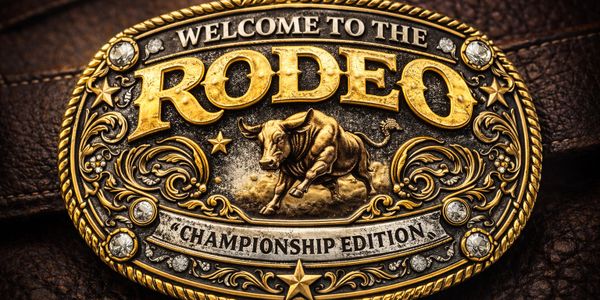 Decorative rodeo championship belt buckle with bull design.