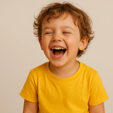 Joyful young boy laughing with eyes closed, wearing a yellow shirt.