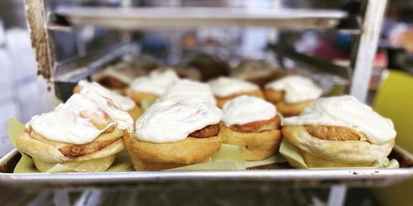 Fresh Cinnamon Rolls on a tray.