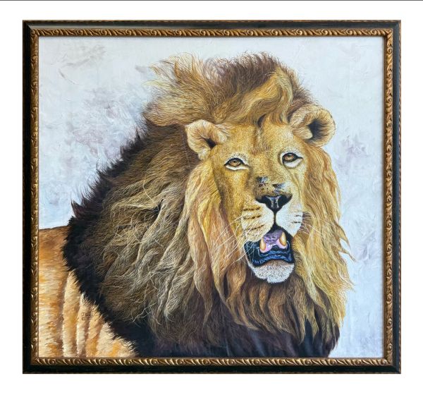 Detailed painting of a majestic lion with a flowing mane.