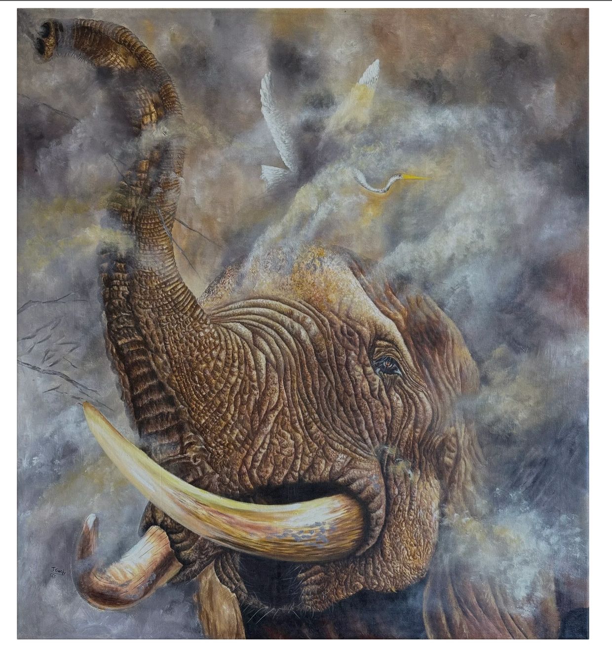 A detailed painting of an elephant with a bird flying near its head.