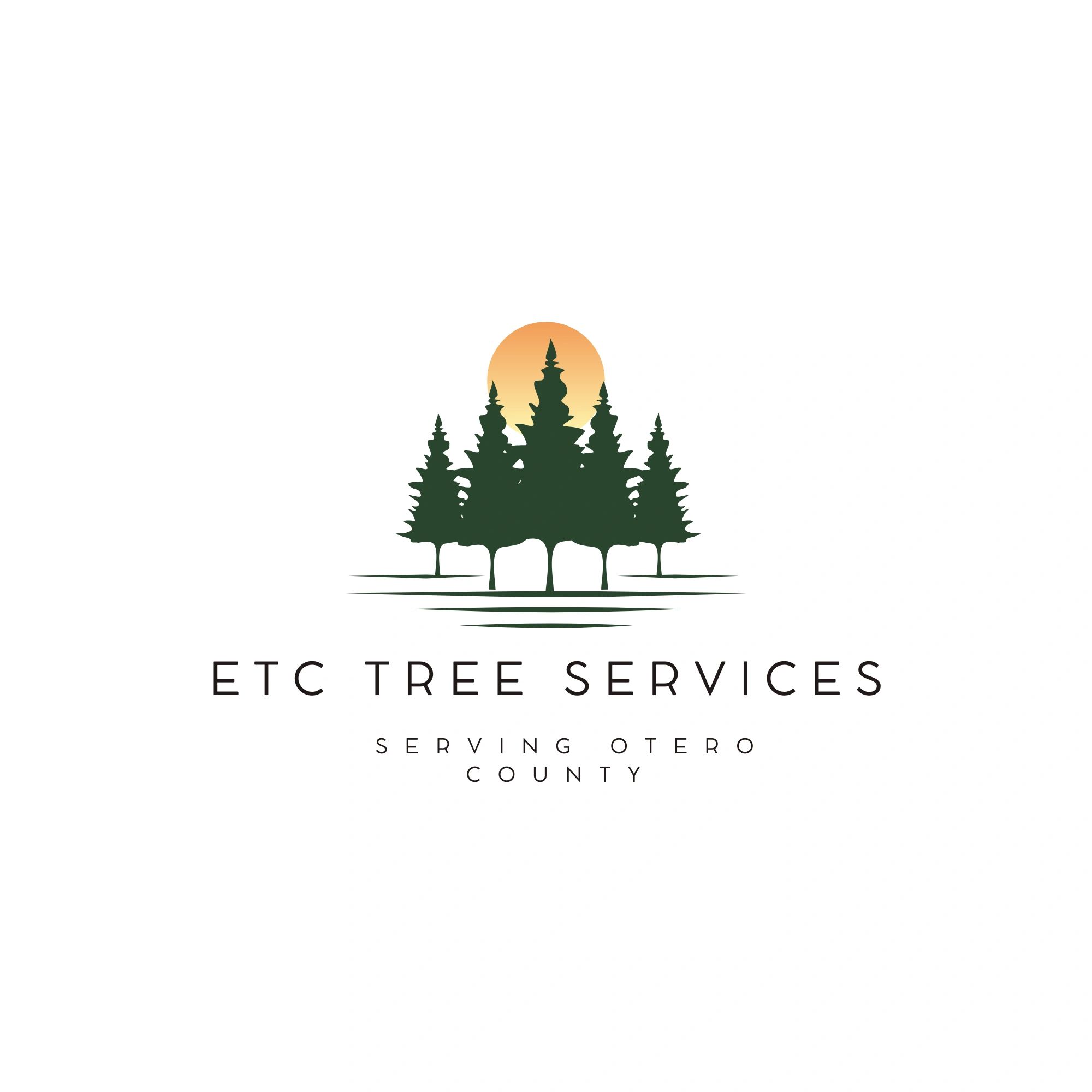 Logo of ETC Tree Services with green trees and a sunset.