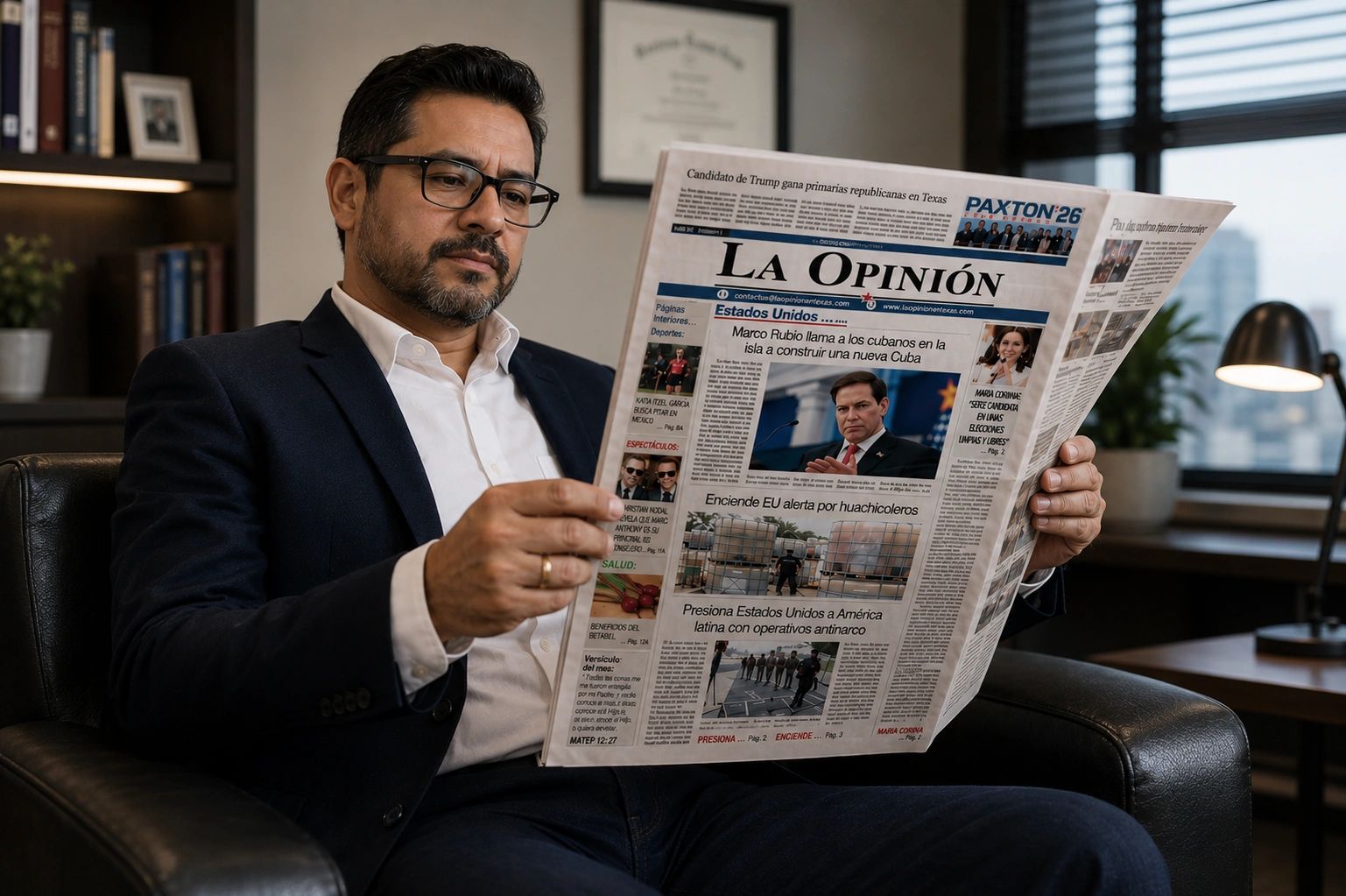 Hombre leyendo un periódico en una oficina.
