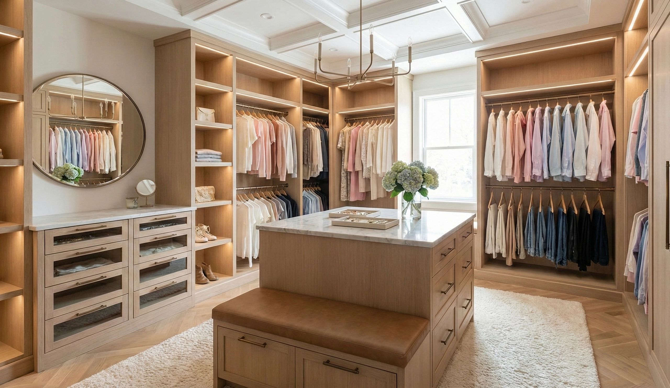 A luxurious custom walk-in closet designed by M&M Renovations featuring light wood cabinetry.