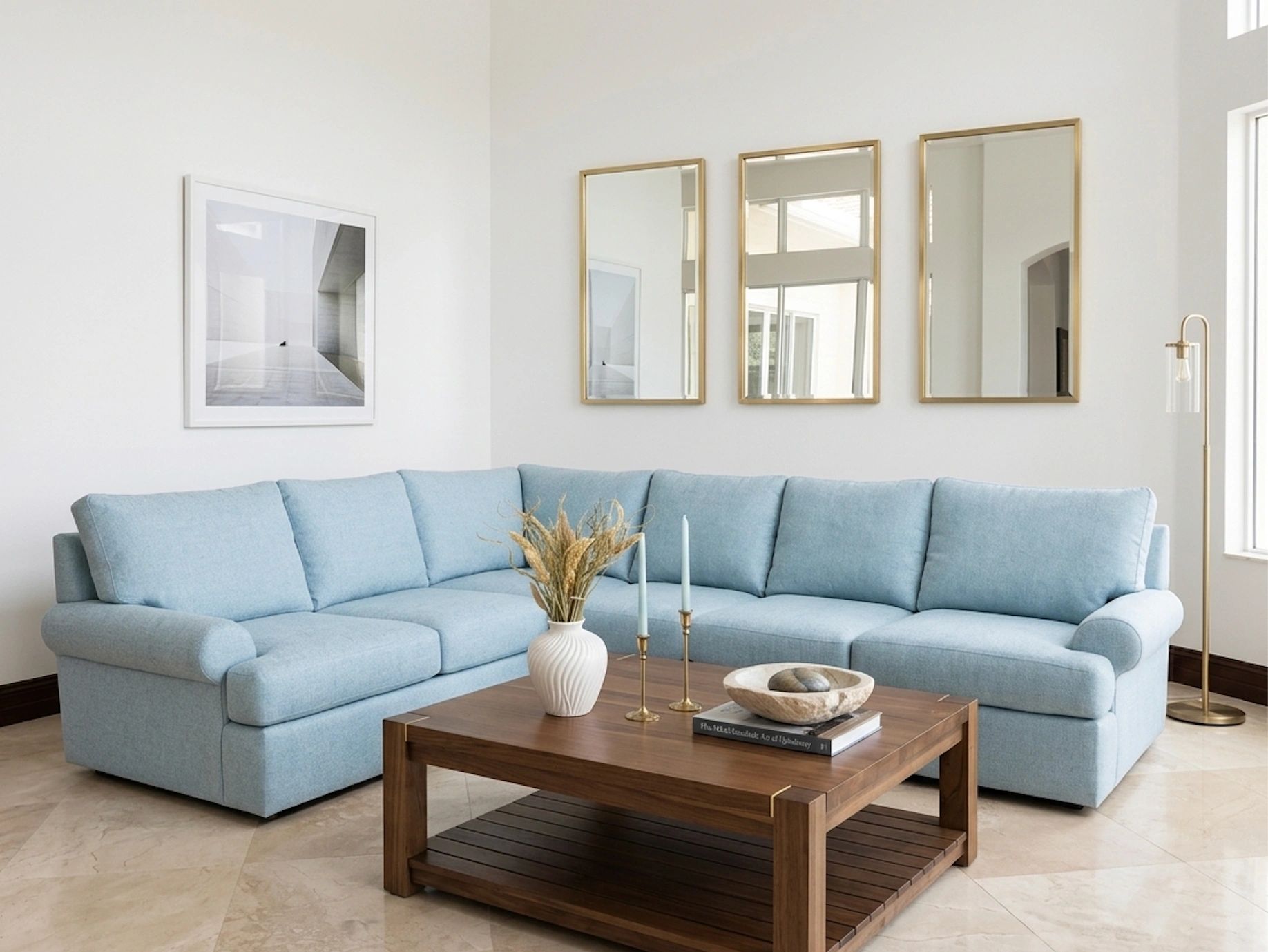 Luxury residential upholstery by M&M Renovations in South Florida - custom blue sectional.