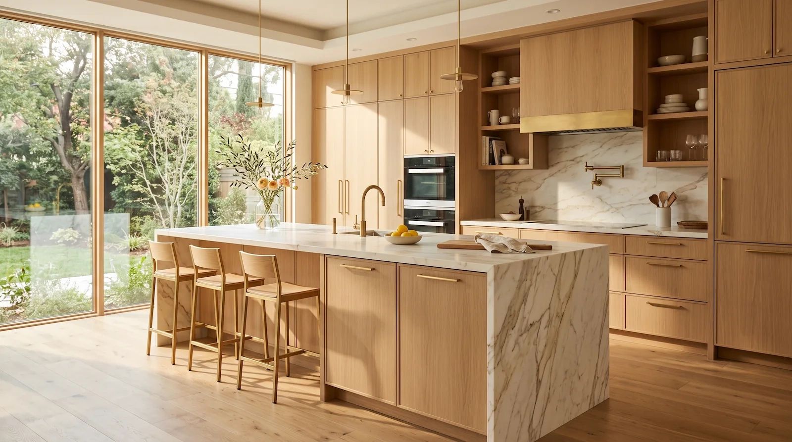 Custom kitchen with light wood cabinetry and marble island, built by M&M Renovations in Sunrise, FL