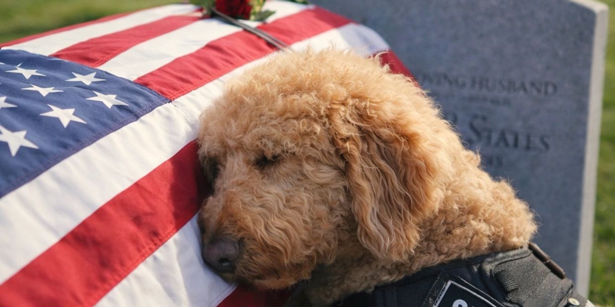 Dog resting its head on a flag-draped coffin at a cemetery.