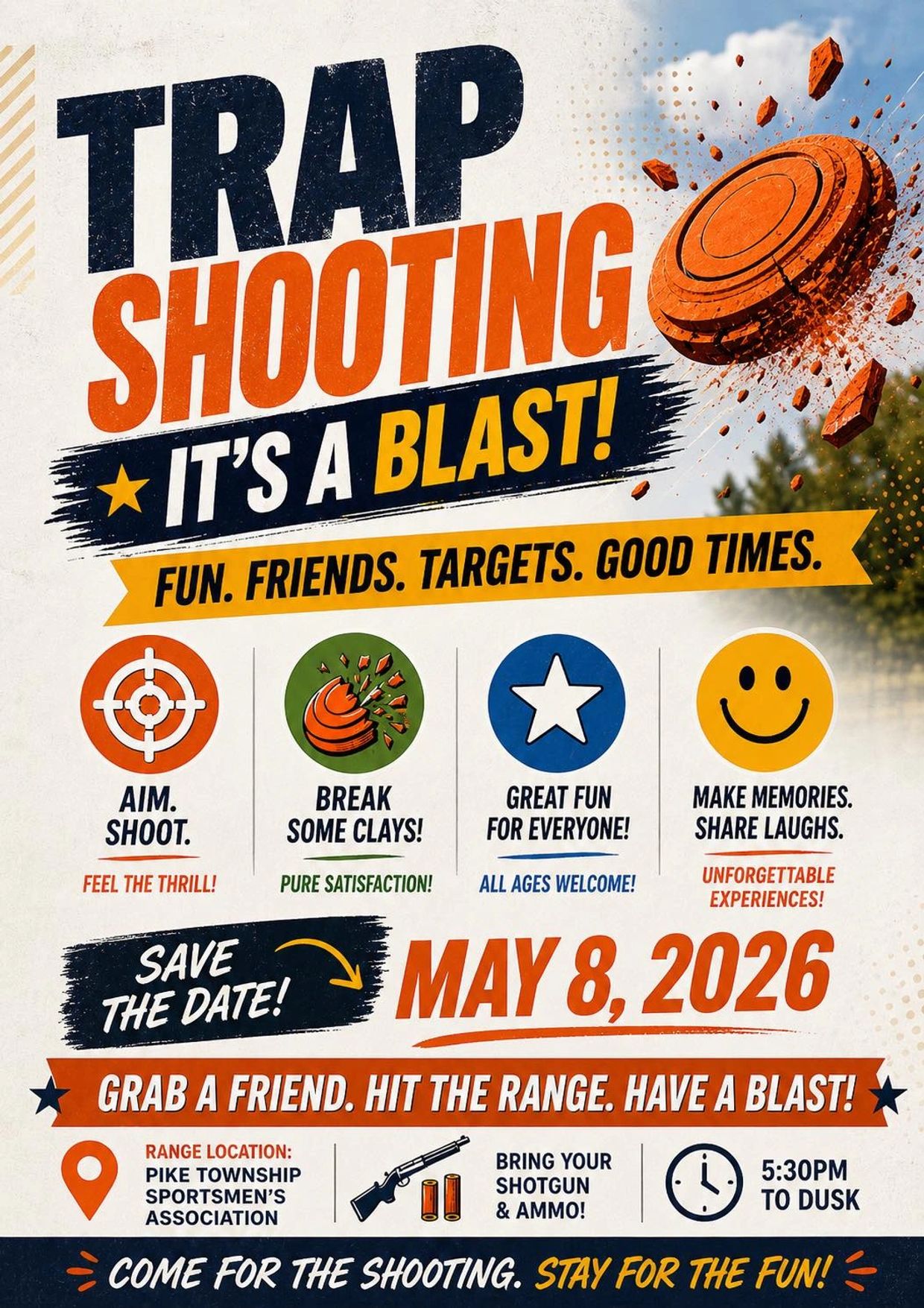 Trap shooting event on May 8, 2026, with fun, friends, and great memories.