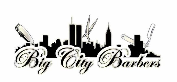 Logo for Big City Barbers with city skyline and barber tools.