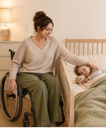Mother in wheelchair comforting child in bed with teddy bear.