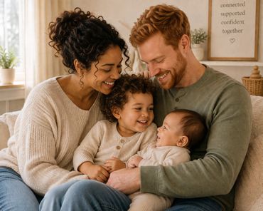 Happy family of four sharing a warm moment together on the couch.