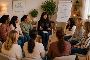 A diverse group of women sharing in a supportive parenting service meeting.
