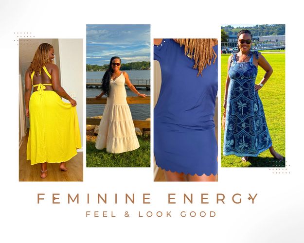 Four stylish women showcasing vibrant dresses and radiant smiles.