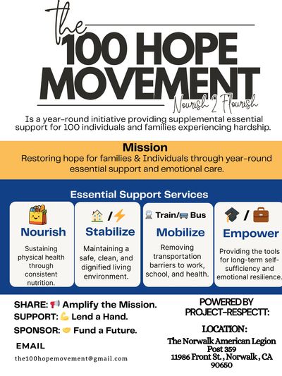 Flyer for The 100 Hope Movement supporting families in hardship.
