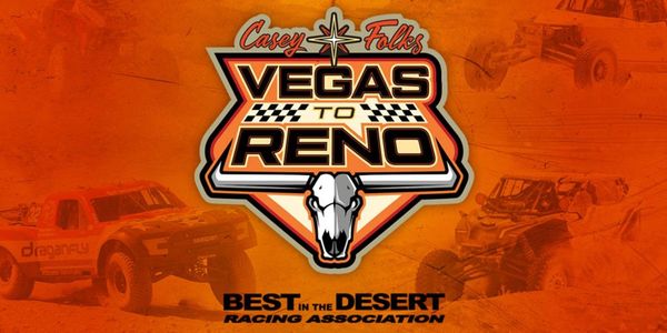 Vegas to Reno off-road race logo with desert race trucks.