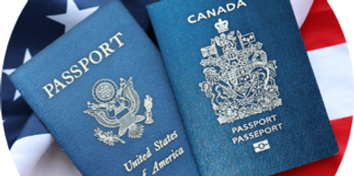 United States and Canada passports resting on an American flag.