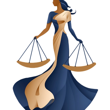 Stylized woman holding balanced scales, symbolizing justice and fairness.
