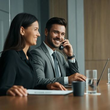 Two professionals smiling during a business call in a meeting room.