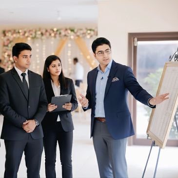 A group of professionals in suits attentively listening to a presentation.