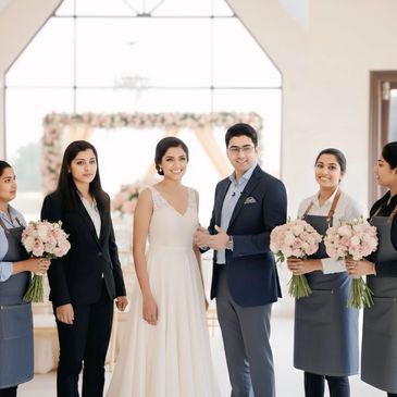 Bride and groom with wedding planners and florists holding bouquets indoors.