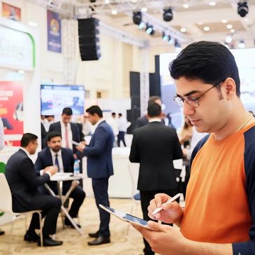 Man using a tablet with stylus at a business event.