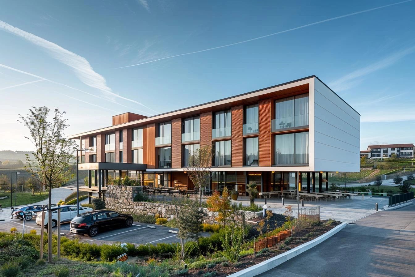Modern hotel building with wooden panels and large windows.
