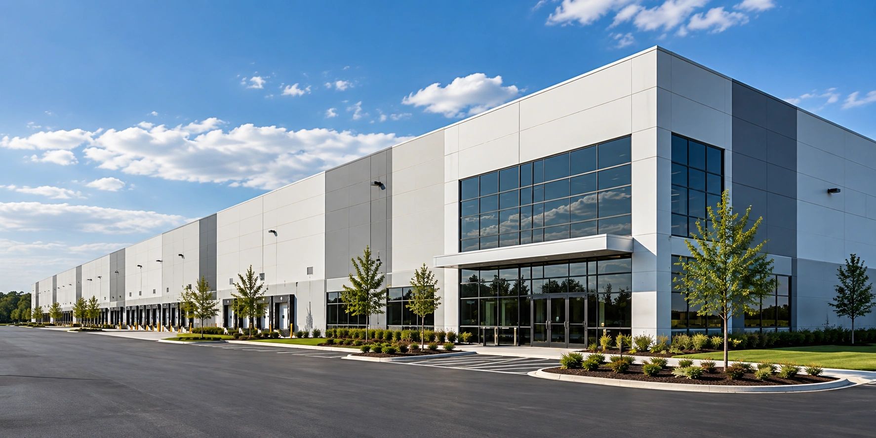 Modern warehouse building under clear sky.