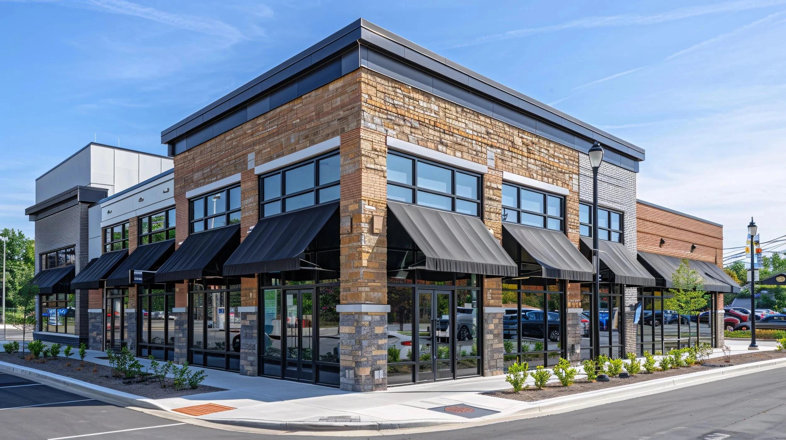 Modern commercial building on a sunny day.