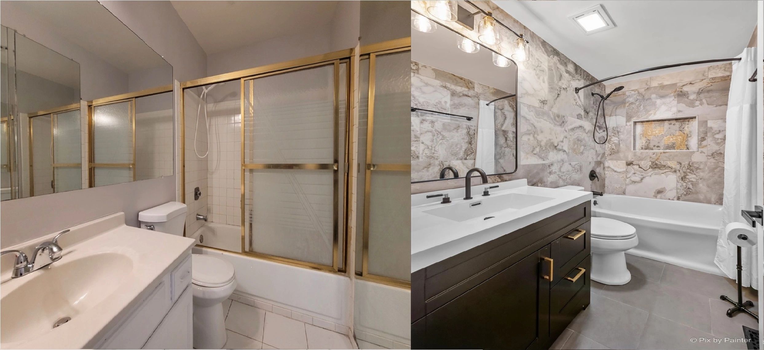 Bathroom remodel - black, gold, white, large tile on walls and floor, before and after