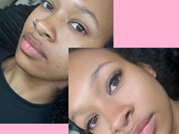 Side-by-side close-up of a woman without and with makeup.