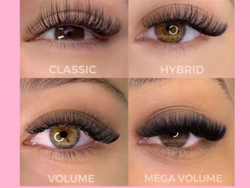 Four eye close-ups showing different eyelash extension styles.